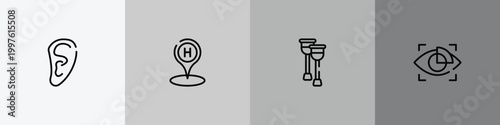 medical icons outline icon set featuring human ear shape, hospital placeholder, health crutches, eye scanner medical icons.