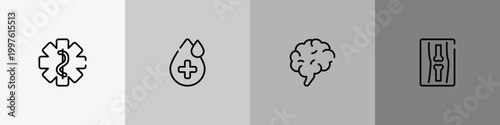 medical icons outline icon set featuring star of life, drop with hospital, human brain, x ray of bones icons.