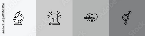 in the hospital outline icon set featuring microscope tool, emergency light, heart beats lifeline in a heart, male and female icons.