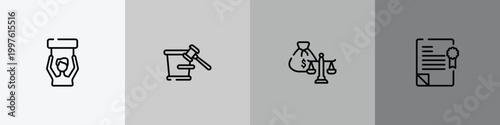 law and justice outline icon set featuring civil rights, court trial, inheritance law, policy icons.
