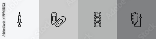 in the hospital outline icon set featuring syringe with medicine, sticking plaster, dna sequence, drip bag icons.