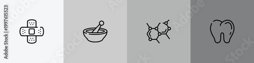 medical icons outline icon set featuring bandage cross, phary, biology shape, teeth icons.