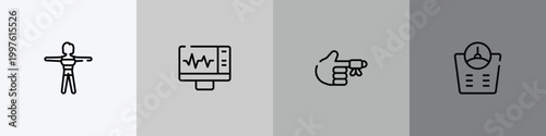 in the hospital outline icon set featuring female body, electrocardiogram on screen, hurted finger with bandage, bathroom scales icons.