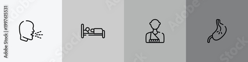 in the hospital outline icon set featuring unhealthy medical condition, illness on bed, man with broken arm, esophagus icons.