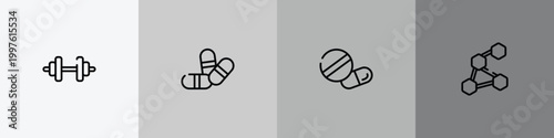 medical icons outline icon set featuring weight, two color pill, medical pill, three hexagons cell icons.
