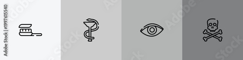 in the hospital outline icon set featuring brush with tooth paste, phary, eye closeup, skull and crossbones icons.
