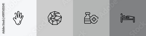 medicine and health outline icon set featuring hand showing palm, spheres connected by lines, immunity drugs, human sleeping on bed icons.