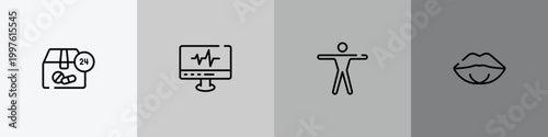 dentist outline icon set featuring 24 hours drugs delivery, heartbeats monitoring, men, female mouth lips icons.