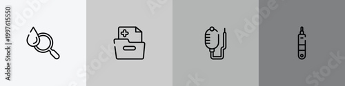 in the hospital outline icon set featuring blood analysis, medical results folders, health drip, health thermometer icons.