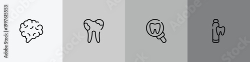 dentist outline icon set featuring brain body organ, dental caries, tooth zoom, toothpaste tube icons.