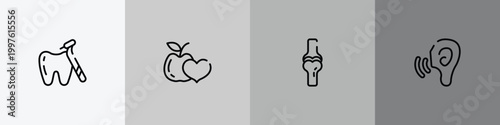 medicine and health outline icon set featuring tooth with a dentist tool, healthy food for heart health care, ball of the knee, ear increase audio icons.
