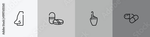 medicine and health outline icon set featuring male e shape of a line, tablet and capsule medications, hand gesture raising the index finger, medicine capsule icons.