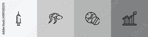 medicine and health outline icon set featuring anesthesia dentist injection diagonal, sperms, medicines time, increasing bargraph icons.