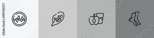 body parts outline icon set featuring lifeline of heartbeat in a circle, fetus in an uterus, diet for health, tiptoe feet icons.