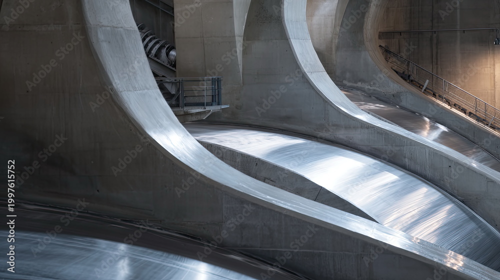 Fototapeta premium Concrete walls and metallic surfaces creating a dynamic flow with strong geometric shapes, reflecting natural light and forming an abstract, modern interior design