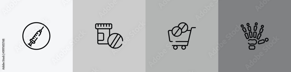 Obraz premium body parts outline icon set featuring drug abuse, phareutical drugs, phareutical delivery, human hand bones icons.