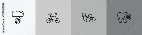 medicine and health outline icon set featuring dentist tooth with metallic root, bicycle healthy transport, pill capsule, tooth with a plus icons.