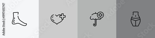 body parts outline icon set featuring foot side view, heart with a plus, umbrella with plus, female hips and waist icons.