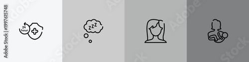 medical icons outline icon set featuring 24 hours medical assistance, zzz sleep, brunette female woman long hair, mother with baby in arms icons.