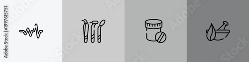 medicine and health outline icon set featuring cardiac graphic, dentist tools, dentist drugs container, natural herbs and a mortar for healing icons.