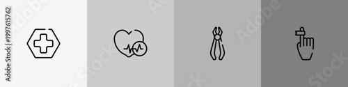 body parts outline icon set featuring red cross, heart black shape, forceps of dentist tools, hand finger with a ribbon icons.