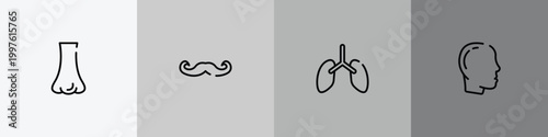 body parts outline icon set featuring e, mustache curled tip, lungs, male with bald hair side view icons.