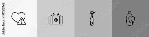 dentist outline icon set featuring disease, first aid kit bag, dentists drill tool, dentist bottle with liquid icons.