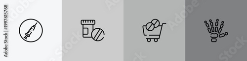 body parts outline icon set featuring drug abuse, phareutical drugs, phareutical delivery, human hand bones icons.
