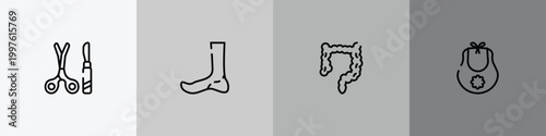 baby outline icon set featuring tool surgeon, ankle, intestine, baby bib icons.
