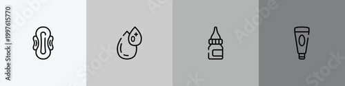 hygiene routine outline icon set featuring sanitary napkin, type 0, drop medicine, facial foam icons.