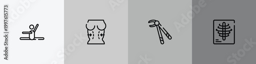 medical outline icon set featuring stretch, plastic surgery, forcep, x rays icons.