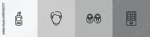 medical instruments outline icon set featuring glucometer, chin, baby shoes, medicine cabinet icons.