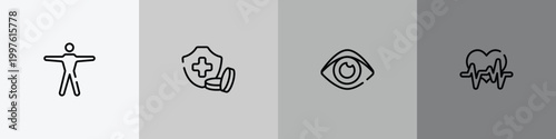 medicine and health outline icon set featuring human body standing, health insurance or hospital costs, human eye shape, heart frequency icons.