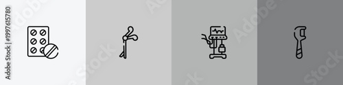 dental outline icon set featuring antibiotic, medical clamp, ventilator, floss icons.