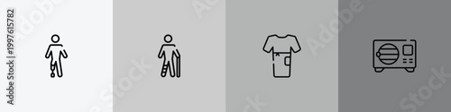 medical instruments outline icon set featuring prosthetic, injured male, patient robe, sterilization icons.
