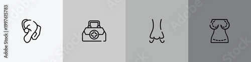 plastic surgery outline icon set featuring hearing aid, doctor briefcase, smelling, augmentation icons.
