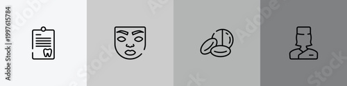 medical icons outline icon set featuring note on a clipboard, face of a woman, drugs capsules and pills, medical doctor specialist icons.