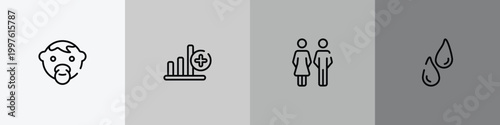 body parts outline icon set featuring baby face, bar graph with a cross, family of heterosexual couple, sweat or tear drop icons.
