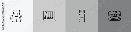 dentist outline icon set featuring operating, momentum, vial, dentures icons.