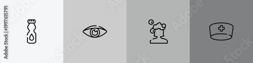 medical instruments outline icon set featuring talcum powder, eyesight, hair wash, doctor cap icons.