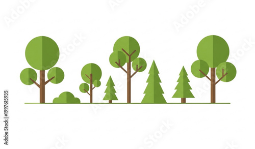 Flat eco tree landscape vector illustration with modern green forest elements isolated on white background