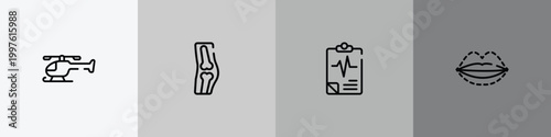 plastic surgery outline icon set featuring chopper, orthopedics, medical results, sil icons.