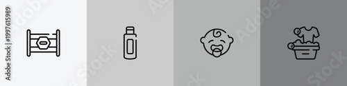 hygiene routine outline icon set featuring road block, body oil, baby boy, washing clothes icons.
