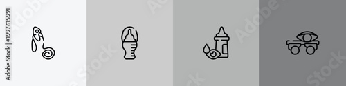 opthalmology outline icon set featuring oxygen mask, baby bottle, eye drop, optometrist icons.