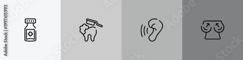 plastic surgery outline icon set featuring medicine jar, brushing teeth, hearing, boobs icons.
