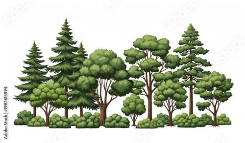 Eco friendly tree group vector illustration with forest woodland landscape elements isolated on white