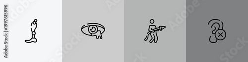 medical and health outline icon set featuring prothesis, infection, fireman, impaired icons.