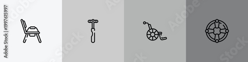 emergencies outline icon set featuring potty, neurology reflex hammer, handicap, life saver icons.
