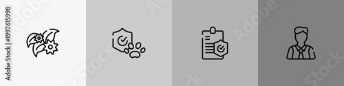 health outline icon set featuring flower therapy, pet insurance, medical insurance, executive man icons.