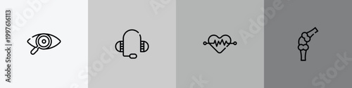 physiotherapy outline icon set featuring eye exam, medical support, cardiology, knee icons.